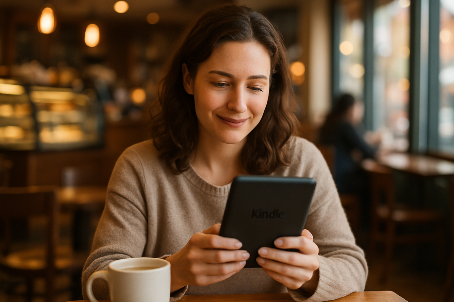 WOMEN HOLDING A KINDLE IN A COFFEE SHOP